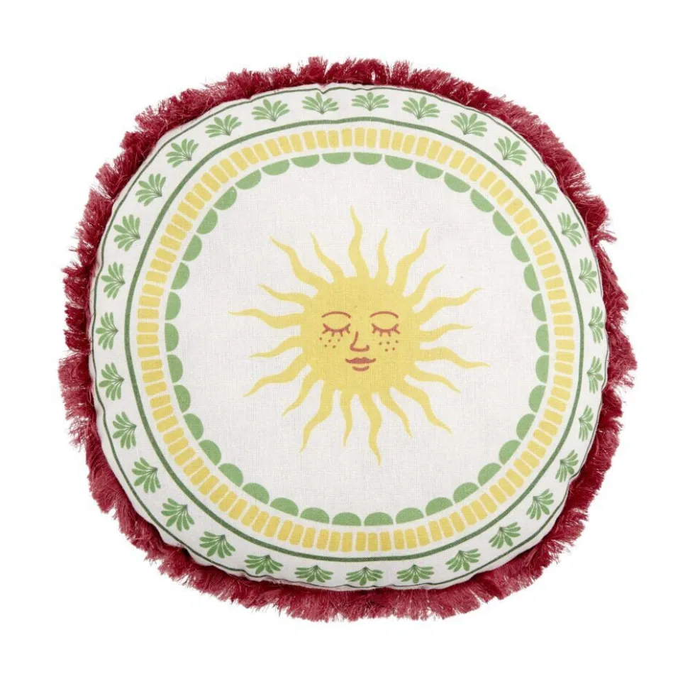 Coussin rond lin motif estival bord à franges Ø40cm (2 modèles soleil ou palmier)