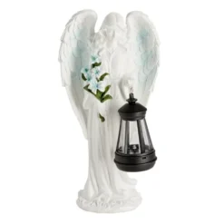 Décoration funéraire ange polyrésine avec lanterne LED 15,5x9xH31cm