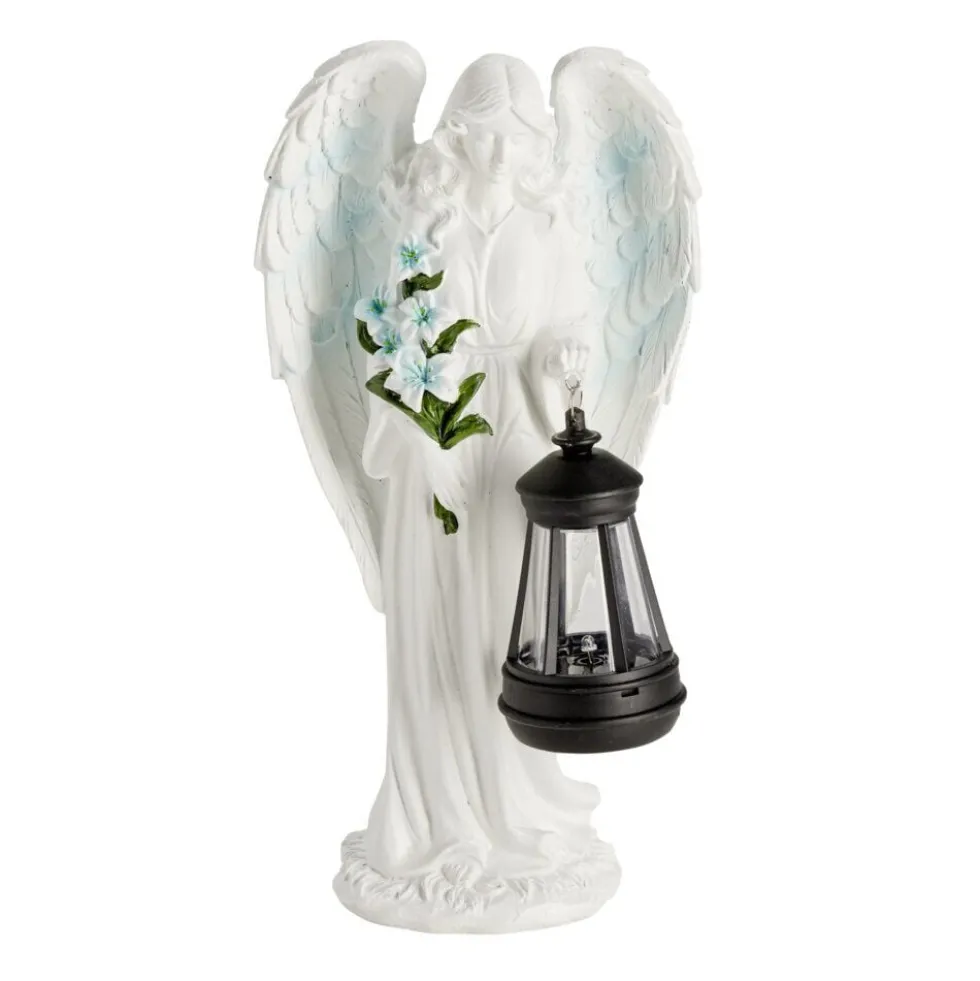 Décoration funéraire ange polyrésine avec lanterne LED 15,5x9xH31cm