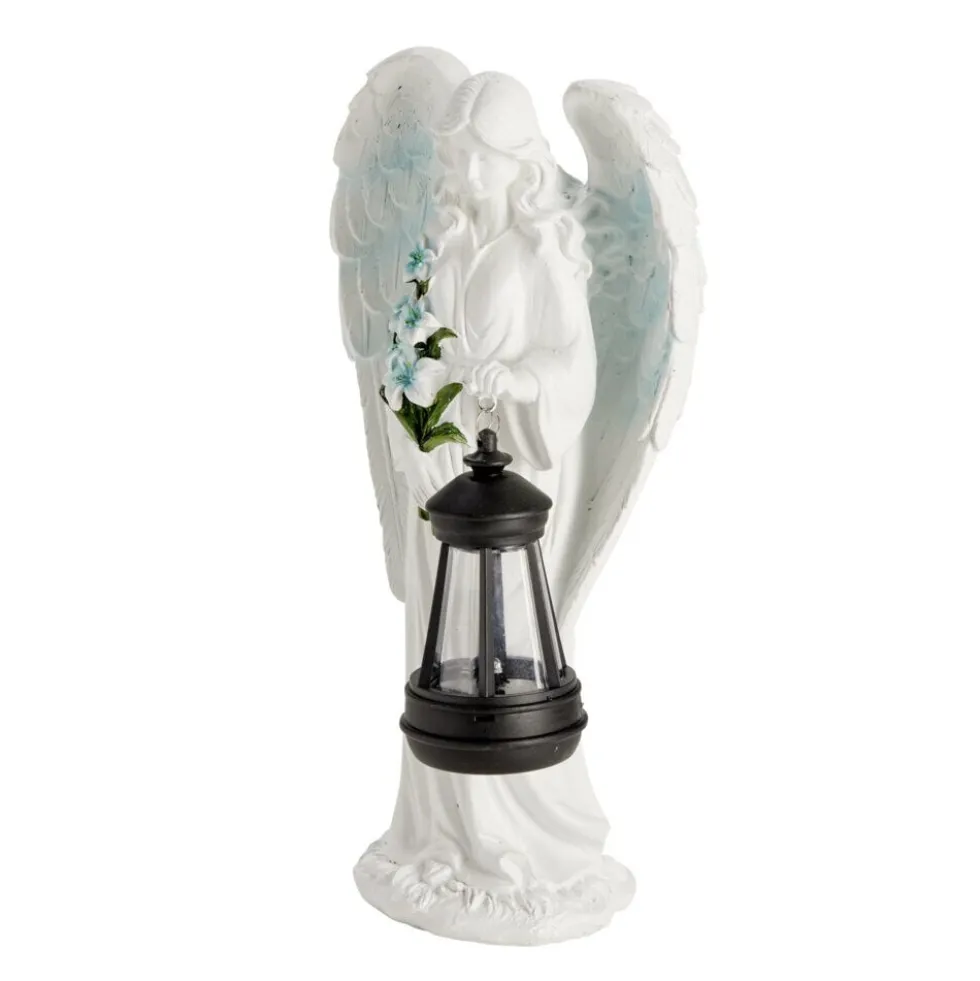 Décoration funéraire ange polyrésine avec lanterne LED 15,5x9xH31cm