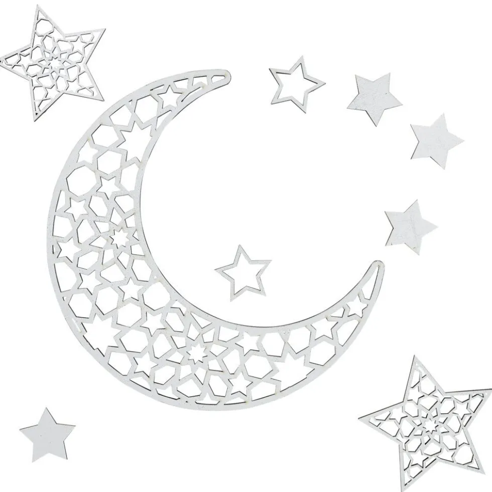 Décoration murale orientale à coller étoiles et lune bois argenté