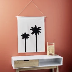 Décoration murale toile motif palmier coton beige et noir
