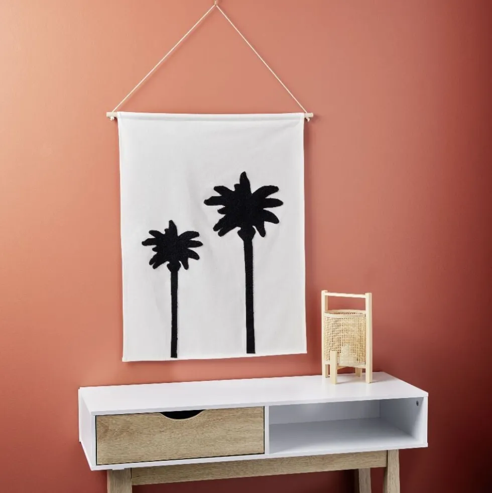 Décoration murale toile motif palmier coton beige et noir
