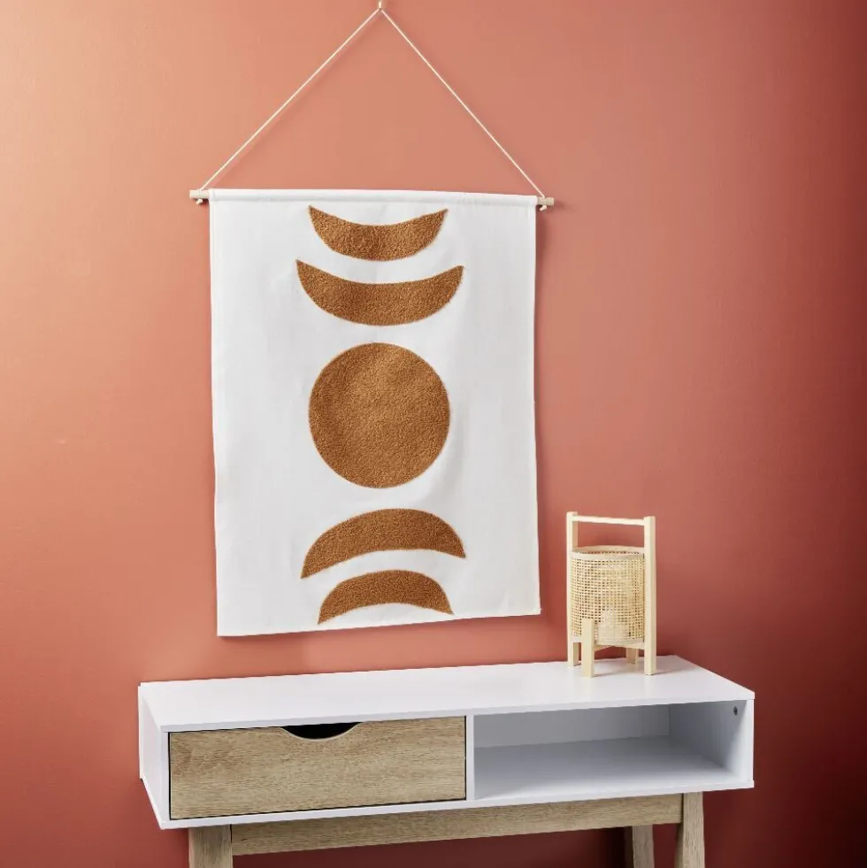 Décoration murale toile motif lune coton beige et terracotta