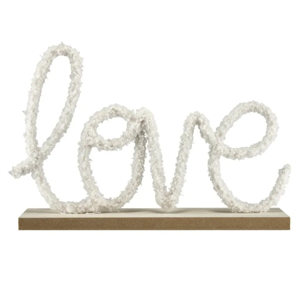 Décoration à poser bois mot en laine bouclée Home Love blanc 26x6xH17cm