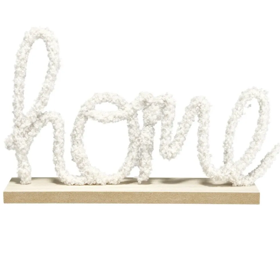 Décoration à poser bois mot en laine bouclée Home Love blanc 26x6xH17cm
