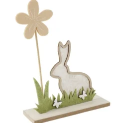 Décoration à poser lapin en bois et fleur L19,5xH24,5cm