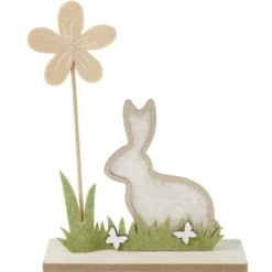 Décoration à poser lapin en bois et fleur L19,5xH24,5cm