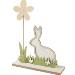 Décoration à poser lapin en bois et fleur L19,5xH24,5cm