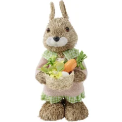 Décoration à poser lapin fermier en paille avec accessoires H32cm (2 modèles)