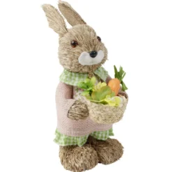 Décoration à poser lapin fermier en paille avec accessoires H32cm (2 modèles)