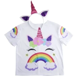 Déguisement enfant licorne avec t-shirt et serre-tête blanc (4/6ans ou 7/10)