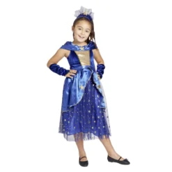 Déguisement fille 7/10 ans robe de magicienne bleue serre tête et gants