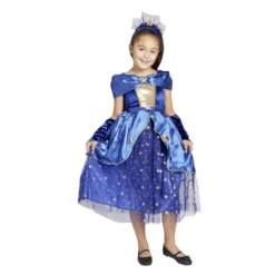 Déguisement fille 7/10 ans robe de magicienne bleue serre tête et gants