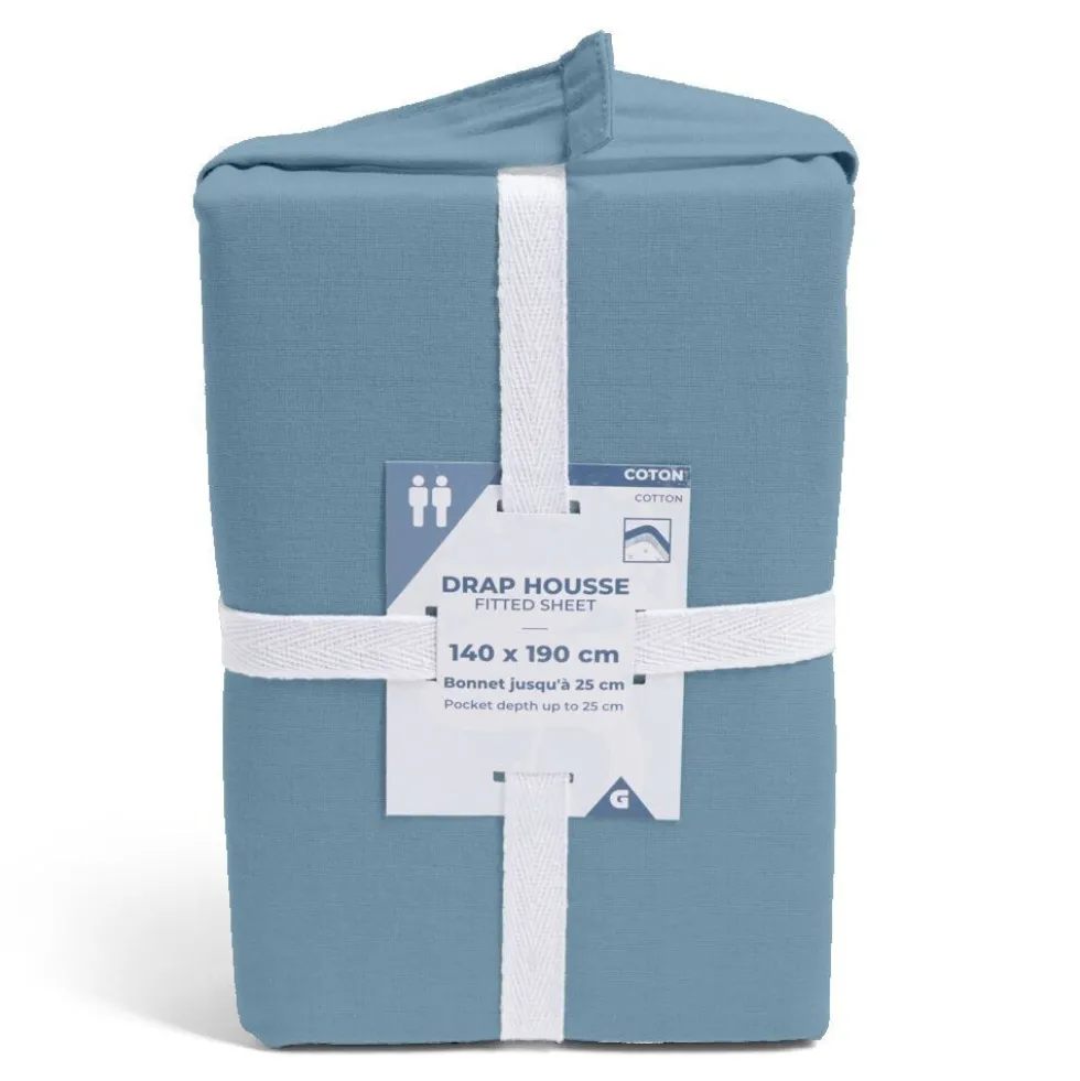 Drap housse 160x200cm 100% coton bleu chiné