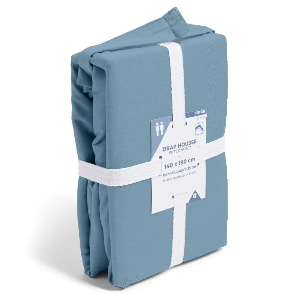 Drap housse 160x200cm 100% coton bleu chiné
