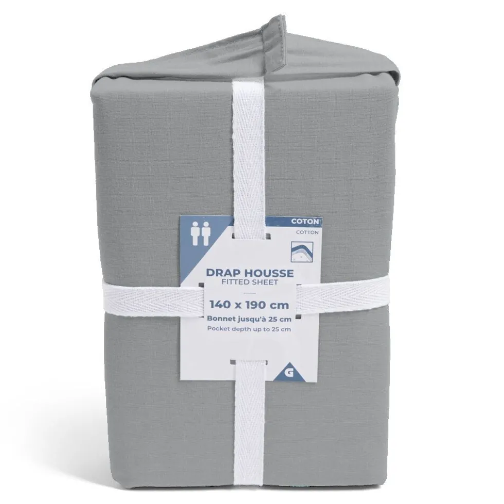 Drap housse 140x190cm 100% coton gris clair