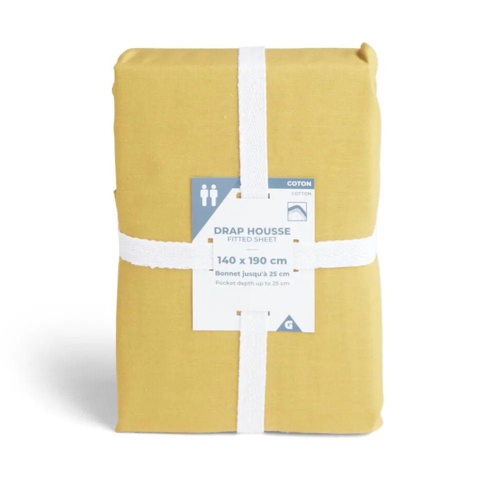 Drap housse 140x190cm 100% coton jaune moutarde