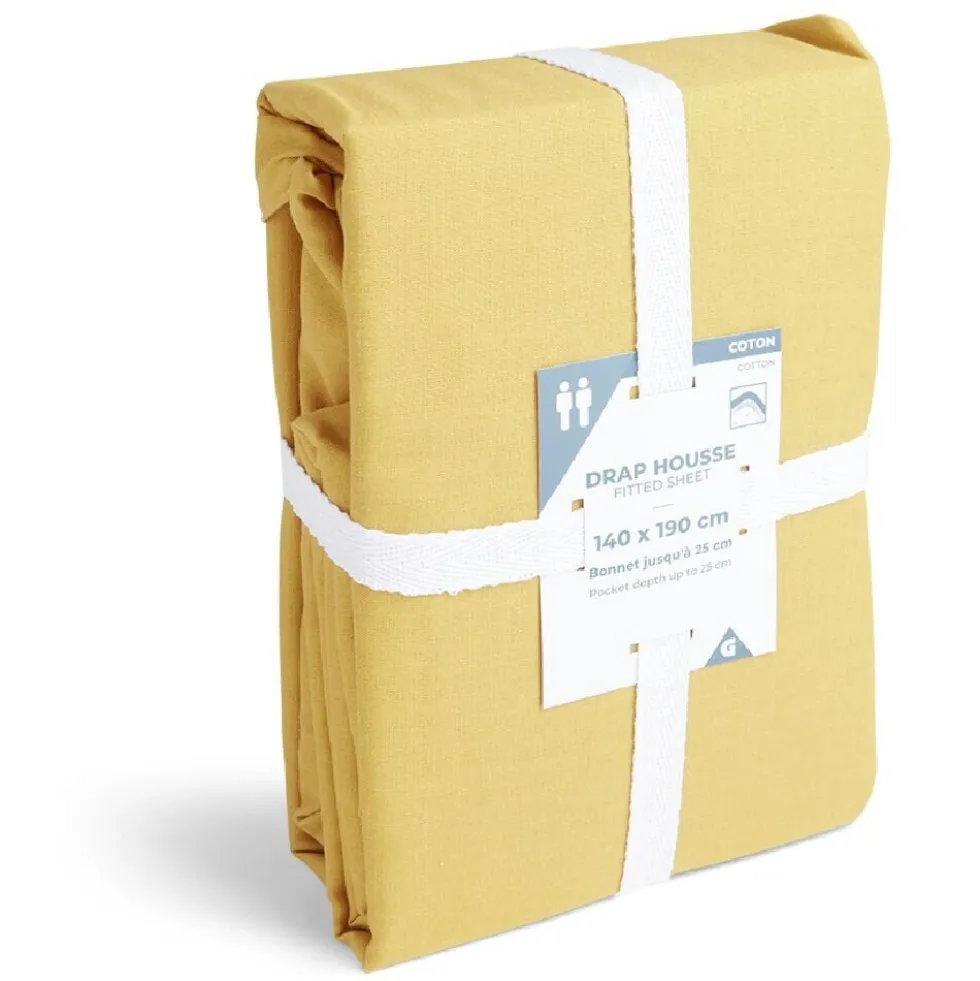 Drap housse 140x190cm 100% coton jaune moutarde