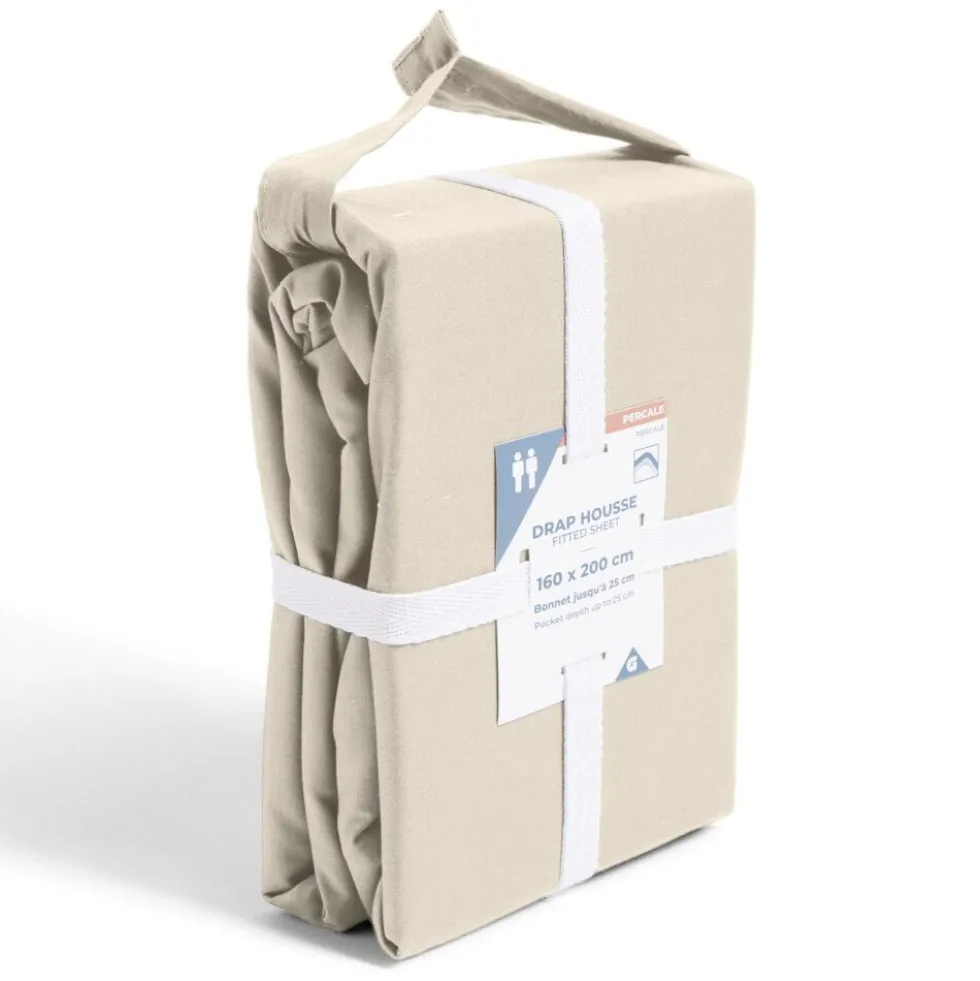 Drap housse 160x200cm 100% coton percale beige