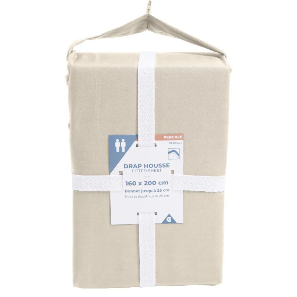 Drap housse 160x200cm 100% coton percale beige
