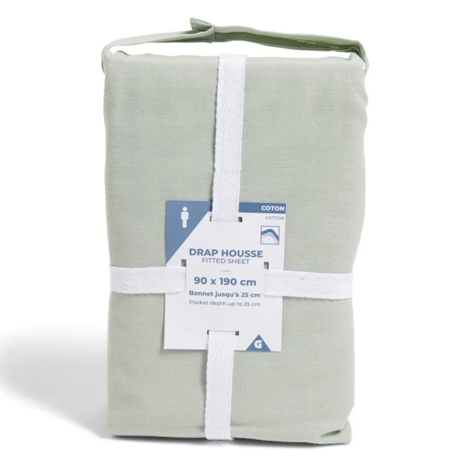 Drap housse 90x190cm 100% coton vert céladon