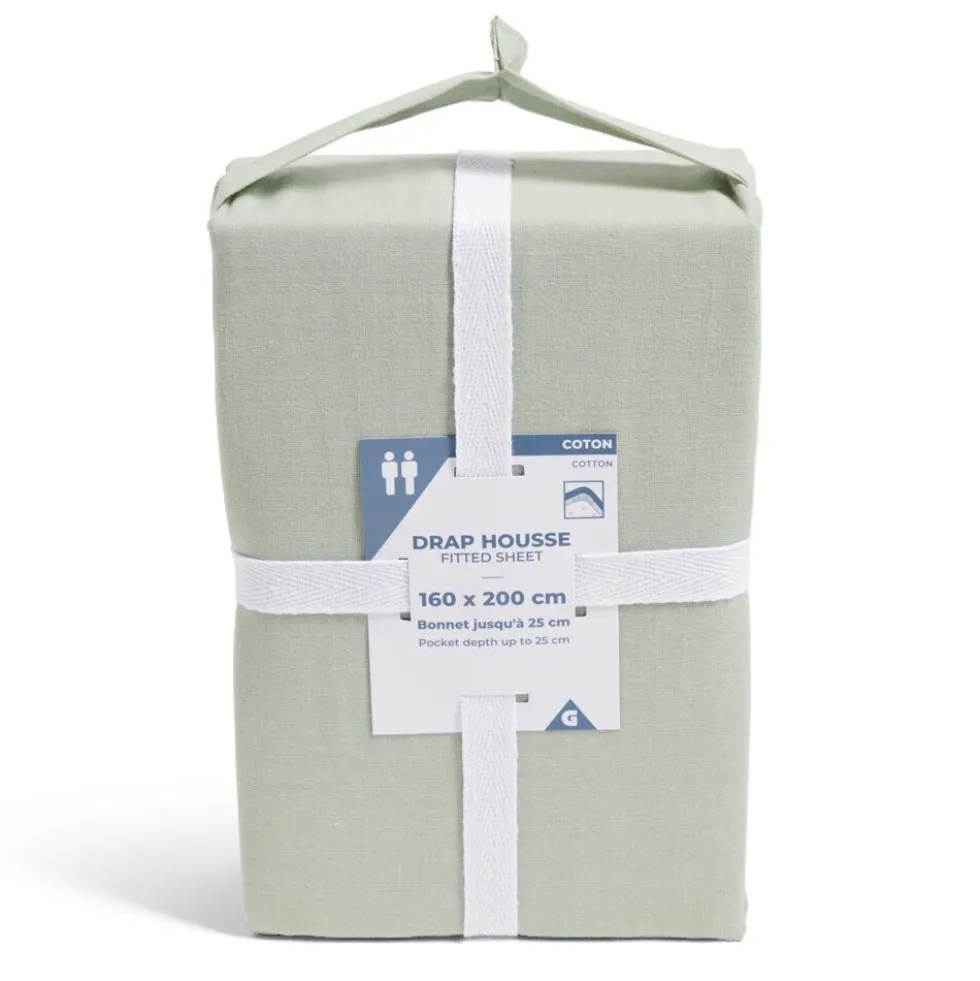 Drap housse 160x200cm 100% coton vert céladon