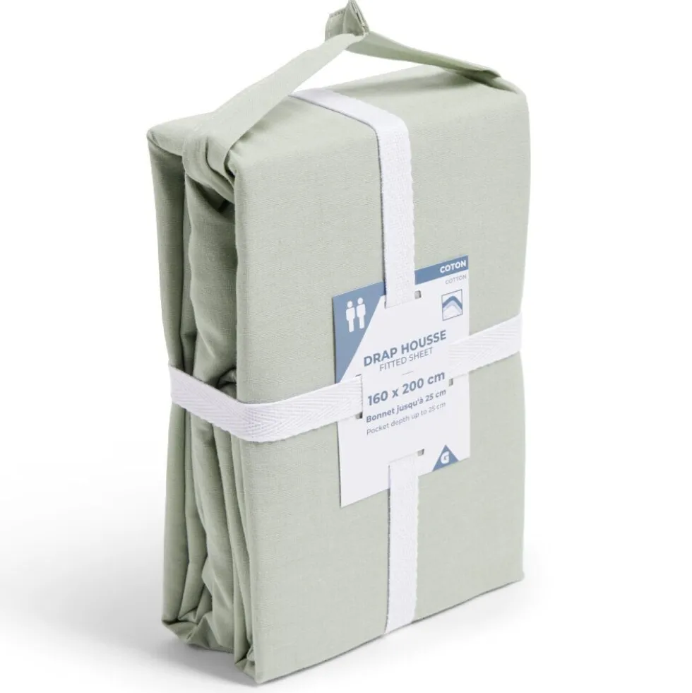 Drap housse 160x200cm 100% coton vert céladon