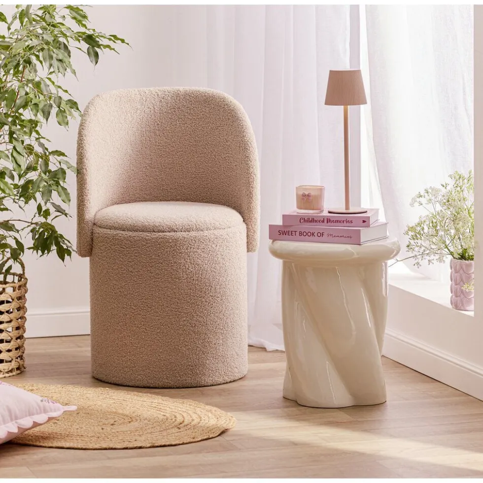 Fauteuil coffre rond amovible Clara tissu bouclette beige 48,5x45xH75cm