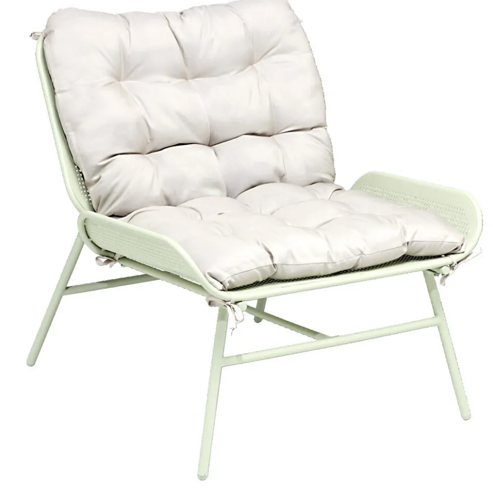 Fauteuil loveuse métal vert avec coussin beige 89xP79xH86cm