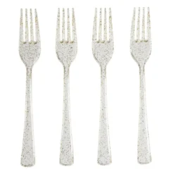 Fourchette plastique réutilisable x4 doré pailleté L17cm