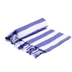 Fouta de plage 2 personnes marinière blanc et bleu 200x200cm