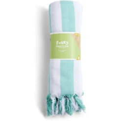 Fouta de plage 2 personnes marinière blanc et vert 200x200cm