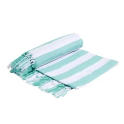 Fouta de plage 2 personnes marinière blanc et vert 200x200cm