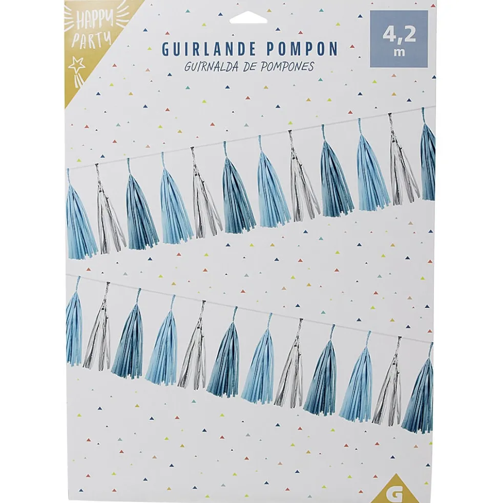 Guirlande pompon en papier bleu et blanc