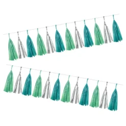 Guirlande pompon papier bleu vert gris argenté 4,2 m