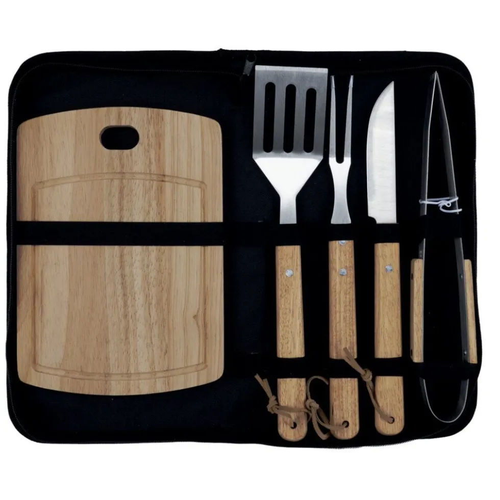Kit barbecue 5 accessoires inox et bois avec étui de rangement 21x46cm