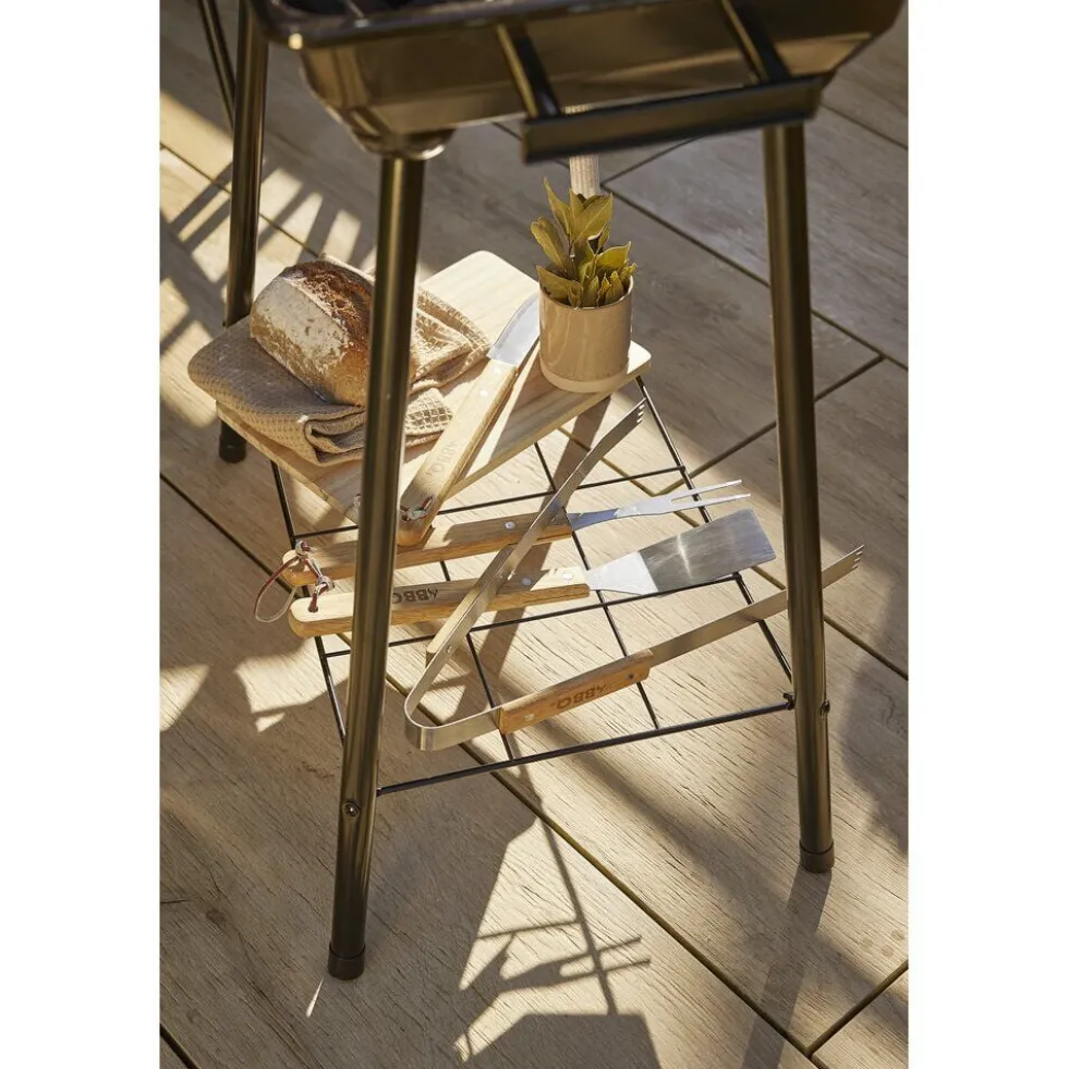 Kit barbecue 5 accessoires inox et bois avec étui de rangement 21x46cm