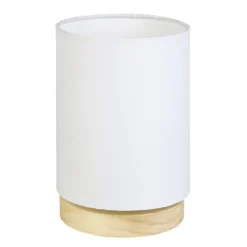Lampe de chevet abat jour blanc sur base ronde en pin naturel