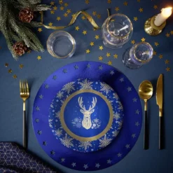 Lot de 10 assiettes jetables en carton bleu motif cerf doré