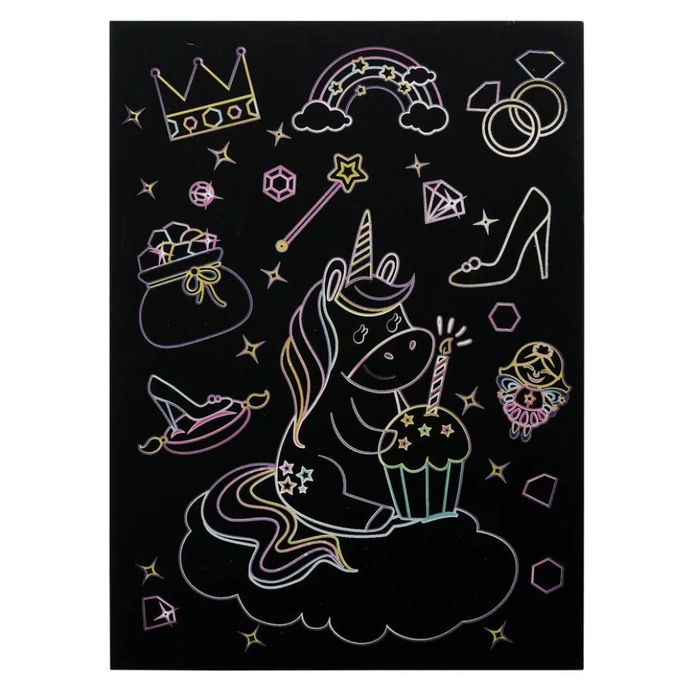 Lot de 6 feuilles à gratter thème licorne avec stylet en bois