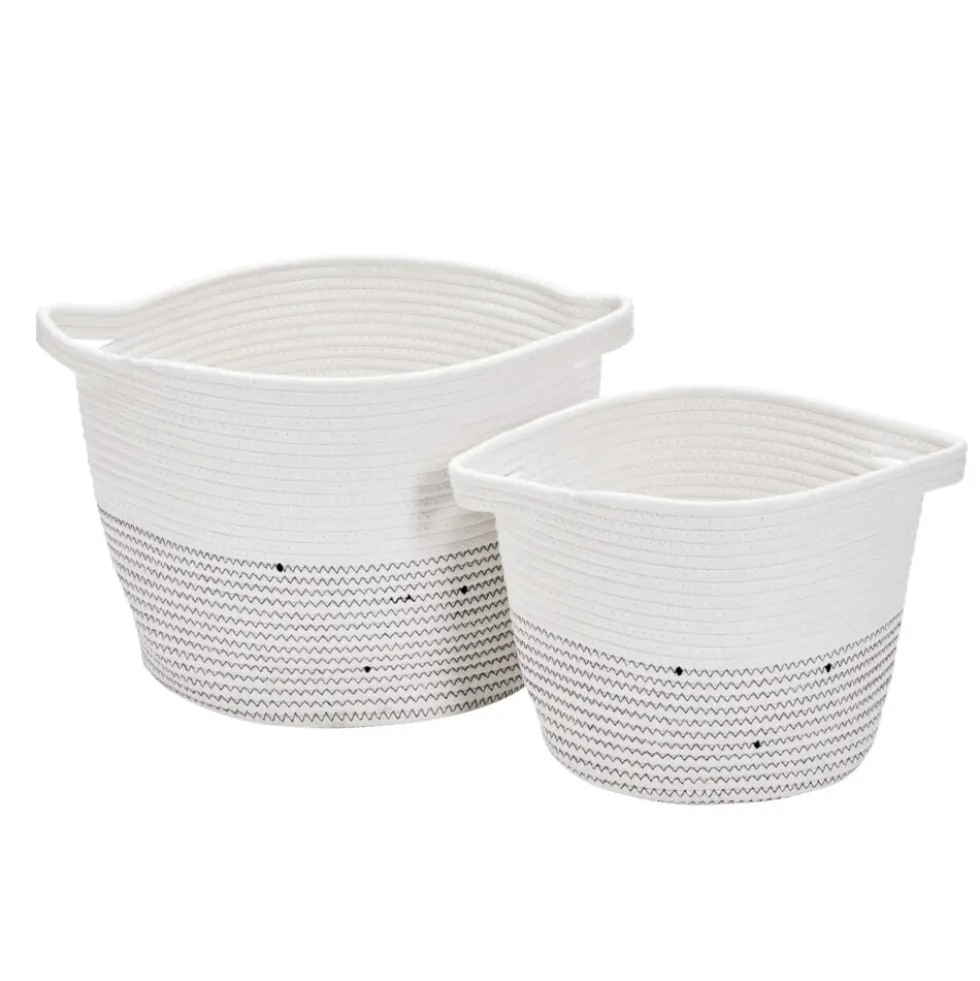 Lot de 2 panières en tissu et coton 2 tailles bicolore blanc et gris Ø38cm et Ø30cm