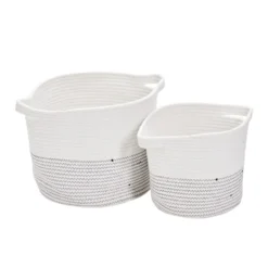 Lot de 2 panières en tissu et coton 2 tailles bicolore blanc et gris Ø38cm et Ø30cm