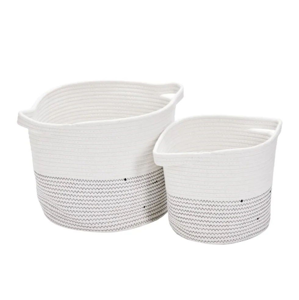 Lot de 2 panières en tissu et coton 2 tailles bicolore blanc et gris Ø38cm et Ø30cm
