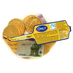 Lot de pièces dorées et billets en chocolat au lait 100Gr dans filet