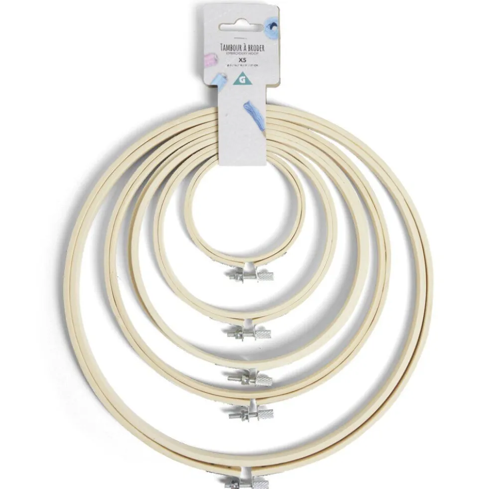 Lot de 5 tambours à broder différents diamètres bambou beige