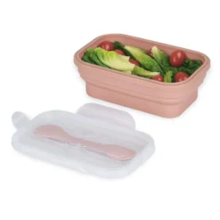 Lunch box rétractable 1L avec couverts silicone et plastique rose 12,5x21xH7,5cm