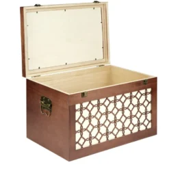 Malle rangement en bois fermeture et poignées métal carreau de ciment 48x32xH30cm
