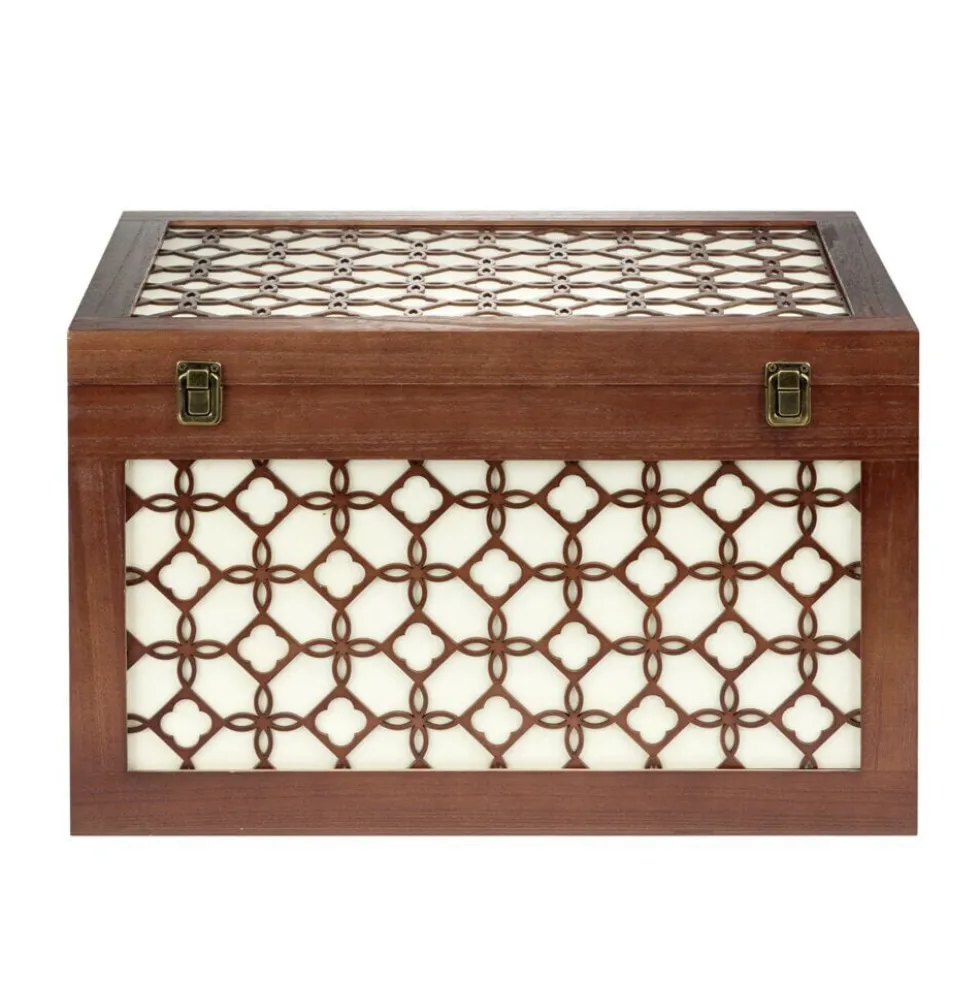 Malle rangement en bois fermeture et poignées métal carreau de ciment 48x32xH30cm