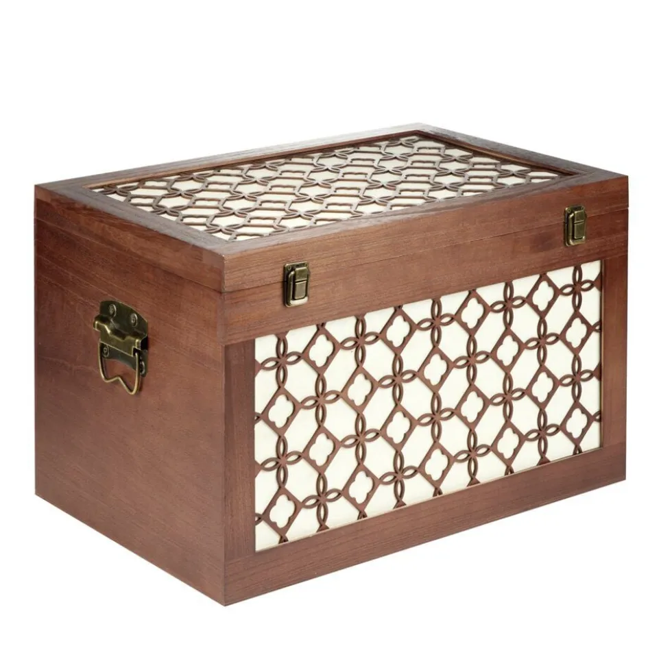 Malle rangement en bois fermeture et poignées métal carreau de ciment 48x32xH30cm